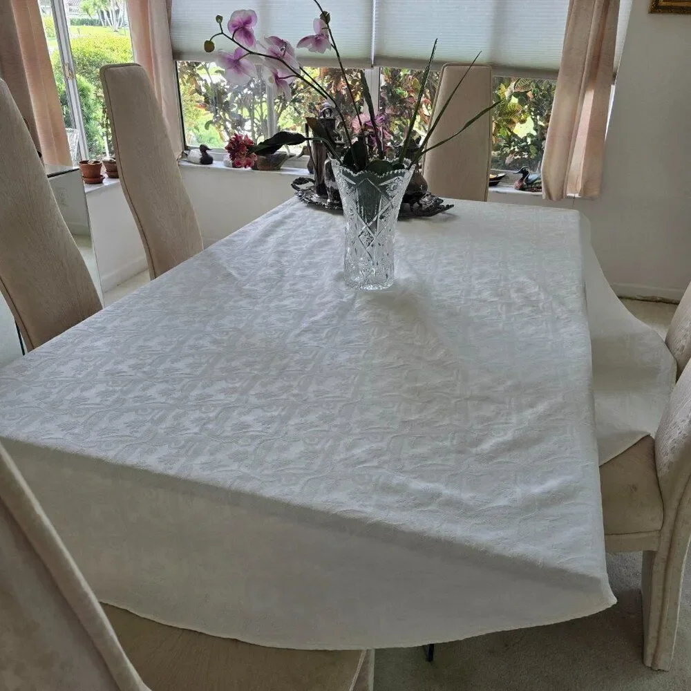 Vintage Handmade Tablecloth Textured Fabric Beige Rounded Oblong 89” x 68”